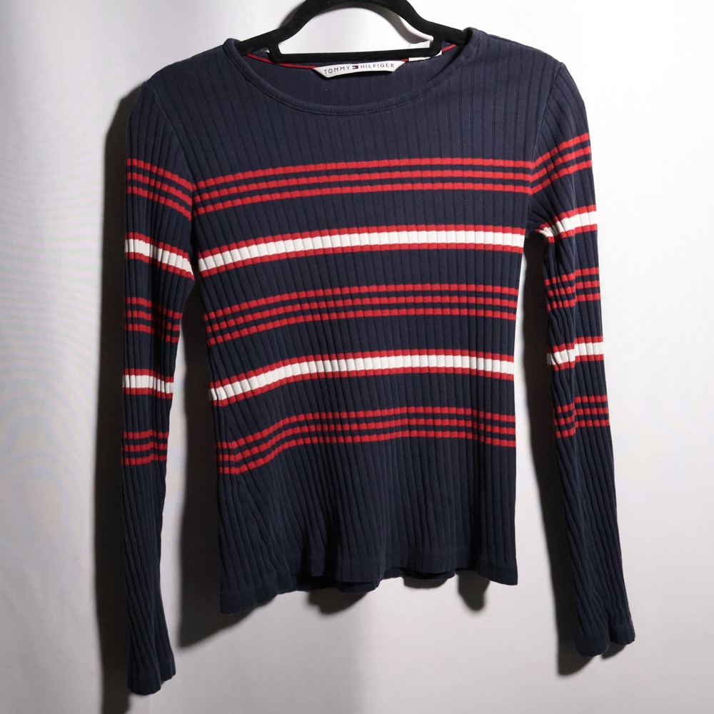 VTG Y2K Tommy Hilfiger Blue Red Striped Long Sleeve Top Ribbed Preppy Womens M